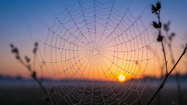 Spider web with dew at sunrise over a calm field  