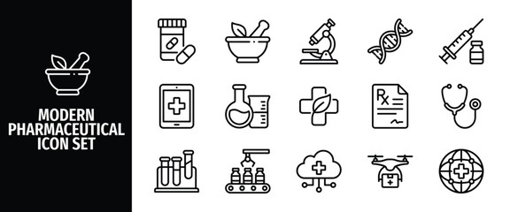 Modern pharmaceutical icon set, vector illustration of medical equipment, laboratory tools, and digital healthcare technology for pharmacy and medicine design © Abir Creative Studio