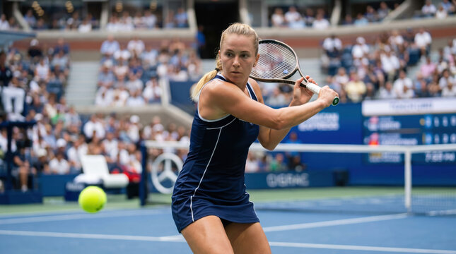 Professional female tennis athlete executing powerful two handed backhand during competitive match play, dynamic stadium sports action showcasing strength, precision, focus and athletic performance