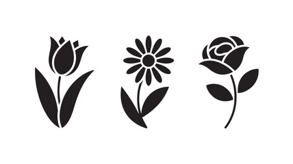 Fototapeta premium Flower Silhouette Vector Set with Minimalist Black Rose, Tulip, and Daisy Icons Isolated on White Background