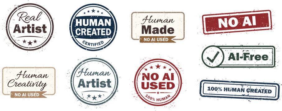 Human Created and No AI Vintage Stamp Collection with Transparent Distressed Texture Vector Set