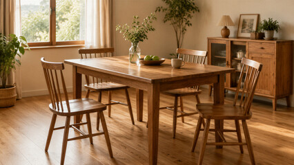Fototapeta premium Wooden dining table set with chairs in sunlit dining room