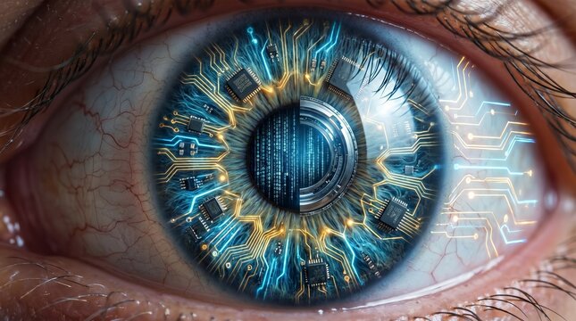 Human iris transforming into artificial intelligence circuitry, hyper realistic detail