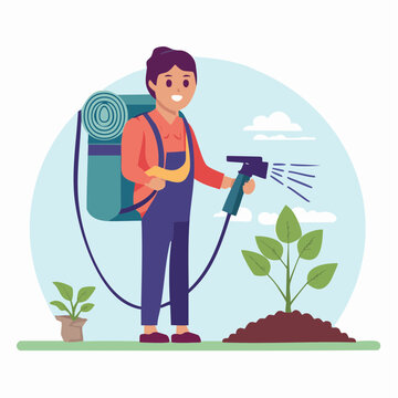 Gardener spraying plant with backpack sprayer