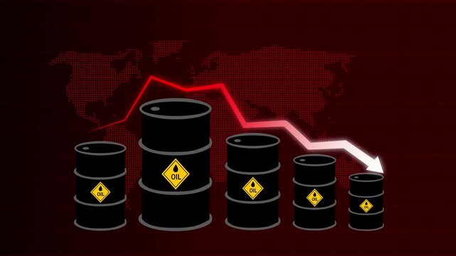 Commercial oil barrels visualize negative commodities investment market trends. Standard oil barrels monitor international fuel resource drops. Corporate economic loss using classic oil barrels.