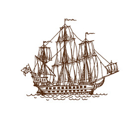 Vintage pirate sail ship and sailboat, European wooden galleon and warship sketch. Vector hand drawn engraved sea transport with flags, mast, rigging and wooden hull. Nautical maritime ship with waves © Seavector