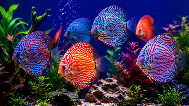 Colorful discus fish swimming among aquatic plants in aquarium