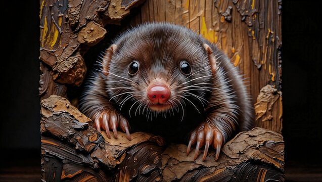 Cute shrew peeking out of a tree hole.