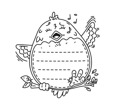 Kids memo note frame with cartoon cute singing bird perched on a branch, featuring dashed lines on its belly. Black and white vector template for kids writing worksheets, educational activities