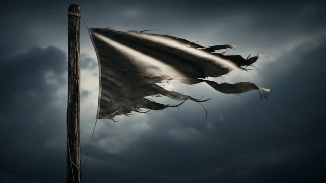 Tattered flag waving on a pole under a stormy sky  