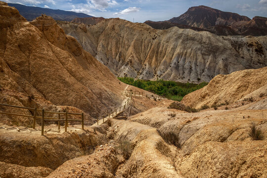 Beautiful landscape of canyon and mountains on background dramatic sky, Tabernas, Almeria, Spain