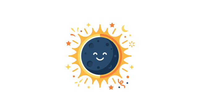 Cute Smiling Solar Eclipse Cartoon Illustration with Sun and Moon