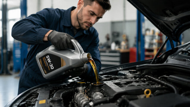 Mechanic pouring motor oil into car engine in workshop