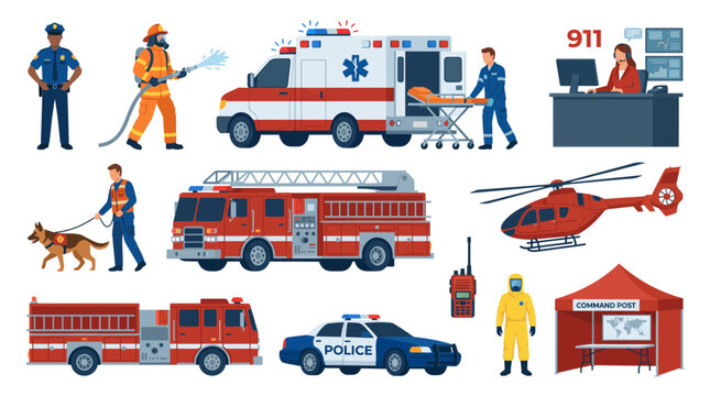 Emergency services first responders collection with police firefighter ambulance EMT and rescue vector set