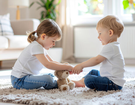 Dzieci bawiące się w salonie wsp&oacute;lna zabawa i rozw&oacute;j