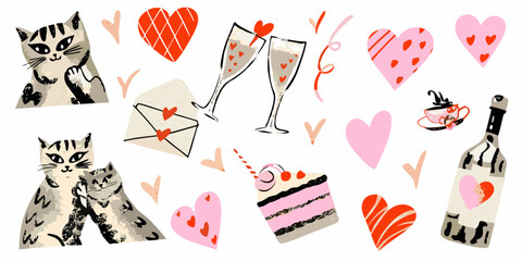 Retro Collage Featuring Cats Hearts And Champagne Bottles © Liton