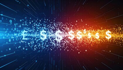 Obraz premium Digital currency symbols flowing through abstract data stream.