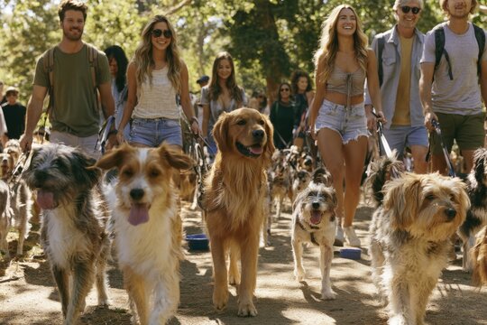 Group of people walking multiple dogs on a sunny park trail during a community dog walk