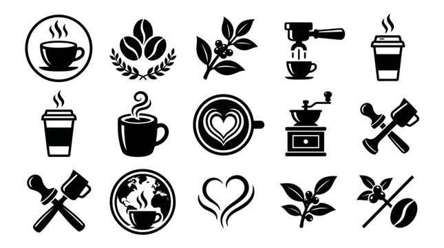 Collection of coffee-themed icons and symbols for cafes and beverage branding.