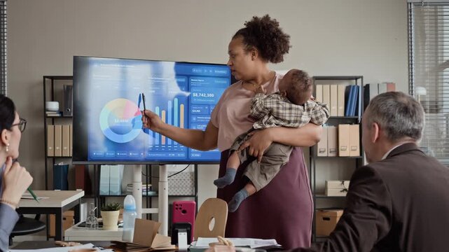 Black woman holding baby presenting data on screen to colleagues, then Caucasian man taking over. Ideal for content on working mothers, diverse corporate culture, and modern office environments