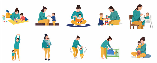Fototapeta premium Mother and baby daily routine activities set, collection of motherhood and childcare concepts in flat vector style
