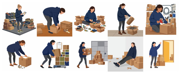 Fototapeta premium Set of vector illustrations showing a woman managing order fulfillment, packing cardboard boxes, and handling logistics for a small business or e-commerce shop.