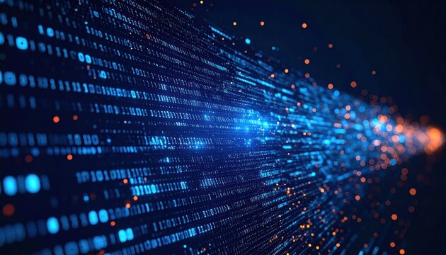 Digital data flow with blue binary code and lights.
