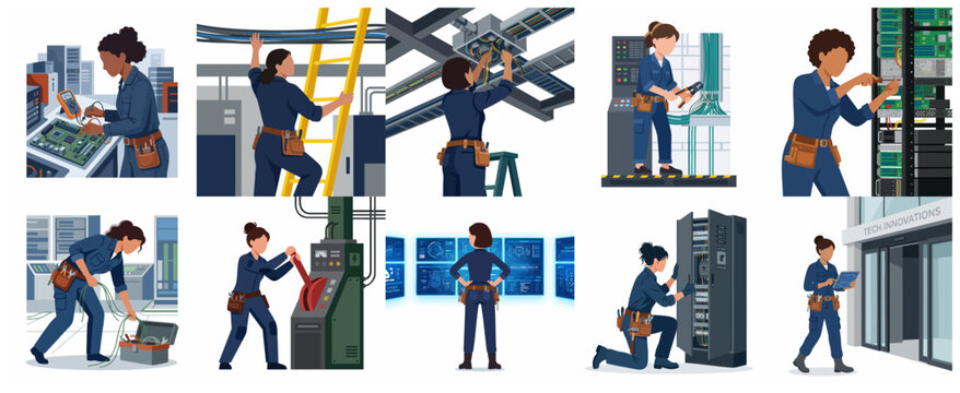 Set of illustrations featuring a female electrical technician and engineer performing various industrial maintenance and technical repair tasks in a modern flat vector style.
