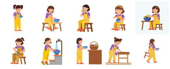 Fototapeta premium Little girl character set preparing healthy fruit snacks and doing household chores illustration