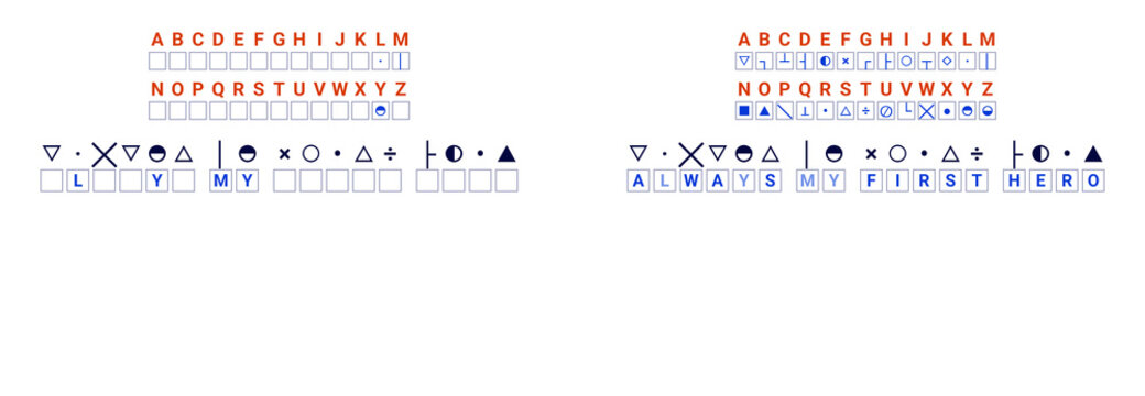 A symbolic cryptogram with the encrypted phrase "Always my first hero," three open letters. The answer to the puzzle is nearby. A Father's Day cryptogram.