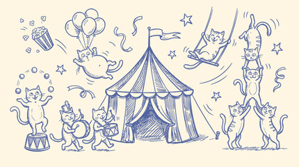 Cats perform acrobatics and tricks at a lively circus event outdoors. © Crushin