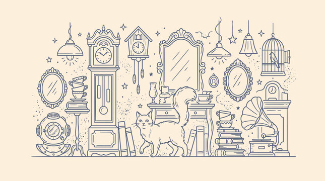 An old cat explores a cluttered room filled with antique objects and furniture indoors.