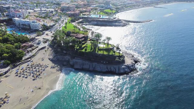 aerial view of Playa del Duque beach, San Andres village and mountains of Tenerife.