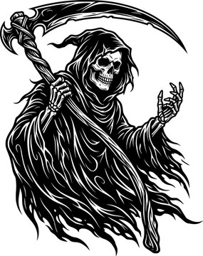 Grim Reaper Skeleton with Scythe Vector Illustration, Dark Hooded Death Character, Halloween Horror Gothic Design