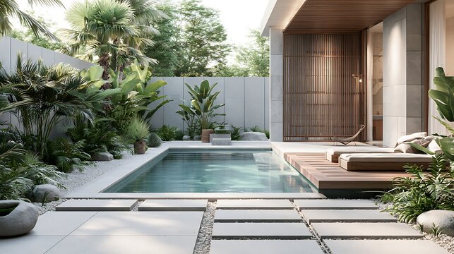 Modern luxury tropical villa backyard with swimming pool and wooden deck