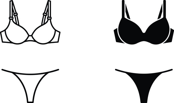 Set of black and white women lingerie bikini and bra icons on a simple flat style