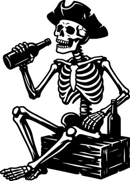 Pirate Skeleton Drinking from Bottle Vector Illustration, Cartoon Skull Character with Pirate Hat, Halloween and Adventure Theme Design