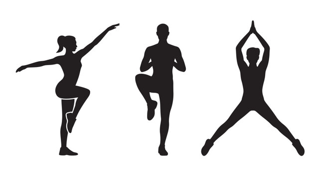 Yoga Poses Silhouettes Set with Tree Pose, Dancer Pose, and Triangle Pose Icons Isolated on White