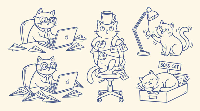 Cats working on laptops in office setting with boss cat