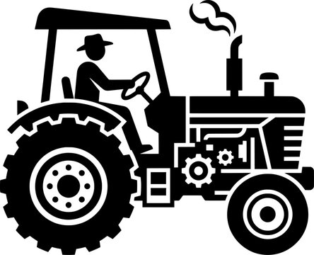 Agricultural Tractor Silhouette Icon Vector Illustration with Farmer Driver, Farm Machinery Equipment Symbol, Black and White Rural Transportation Graphic Design