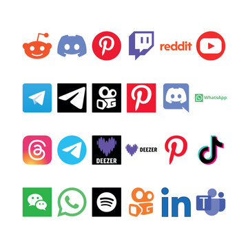 Collection of 24 modern social media and communication app vector icons, featuring Reddit, Telegram, Discord, Pinterest, Twitch, and Kwai. High-quality graphic assets for digital web UI design.