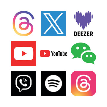 A set of 9 digital media and streaming icons featuring Threads, X, YouTube, Spotify, and WeChat. Premium vector graphics perfect for UI/UX design, app development, and digital marketing layouts.