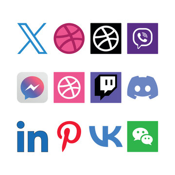 A set of 12 popular digital platform icons including X, Dribbble, Viber, Messenger, Twitch, Discord, LinkedIn, Pinterest, VK, and WeChat. Professional vector assets for web UI and digital projects.