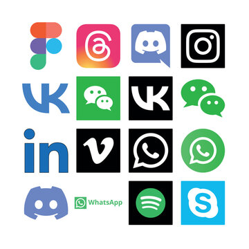 Set of 16 tech and social media app icons: Figma, Threads, Discord, Instagram, VK, WeChat, LinkedIn, Vimeo, WhatsApp, Spotify, and Skype. Vector graphics for modern web design and UI/UX projects.