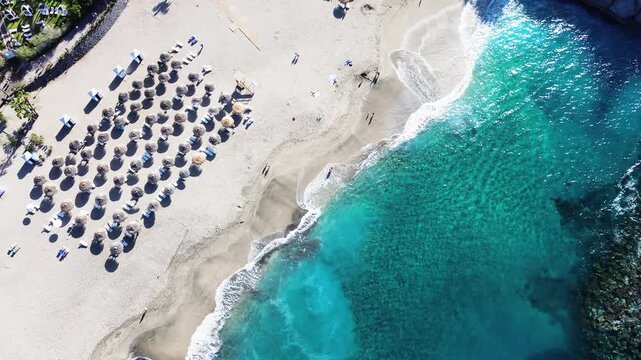 aerial view of Playa del Duque beach, San Andres village and mountains of Tenerife.