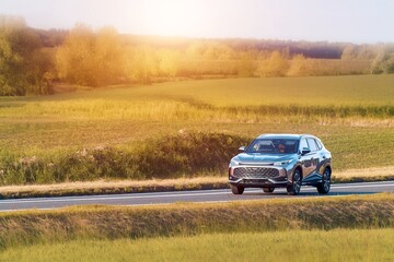 Fototapeta premium Automobile traveling on a peaceful rural road