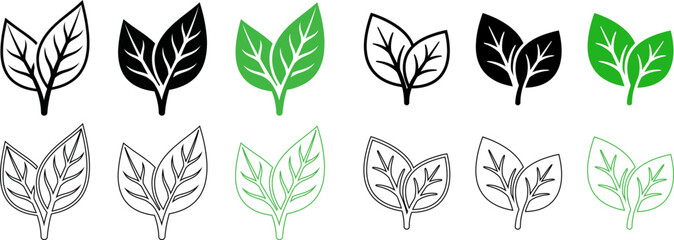 Fototapeta premium Leaf icon set black white and green variations for natural wellness and botanical designs
