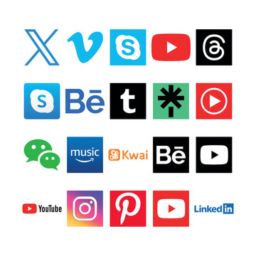 Collection of 20 social media and digital platform icons, including YouTube, Skype, Behance, X, and Instagram. High-quality vector assets for web UI, app design, and digital marketing.