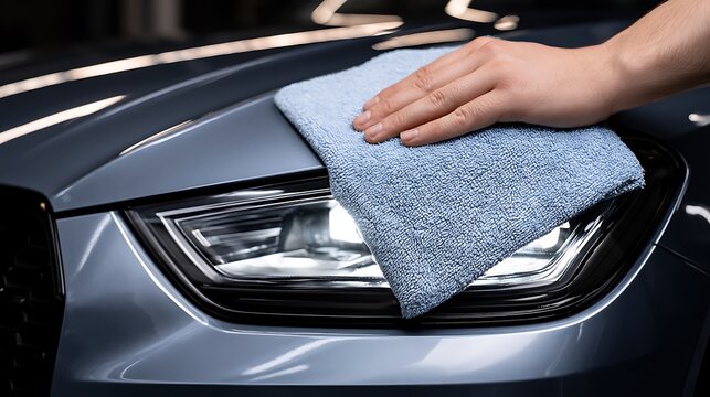 Person cleaning car headlight with blue microfiber cloth