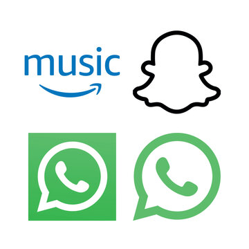 Essential app icons featuring Amazon Music, Snapchat, and dual WhatsApp styles. High-quality vector assets optimized for modern mobile and web interface design projects.